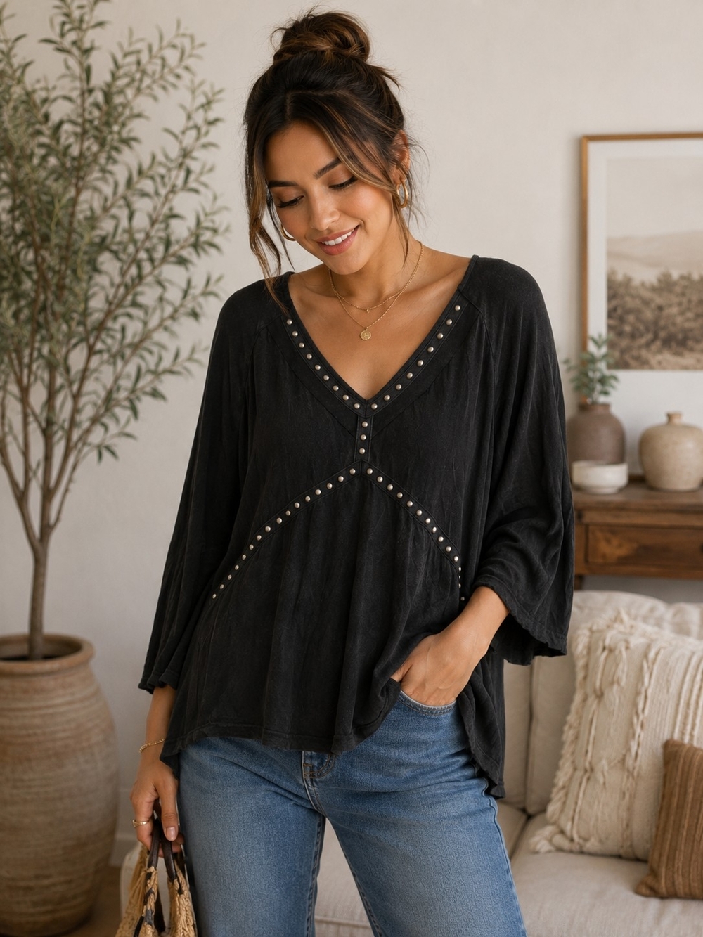POL Women's V-Neck Studded Crisscross Back Knit Top